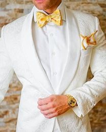 White Wedding Tuxedos Groom Wear Shawl Lapel Groomsmen Outfit Man Blazers 2 Piece trajes de hombre Costume Home YY125