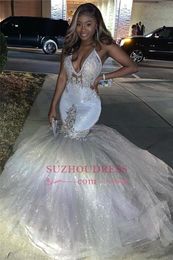 Sparkling Halter Sequins Mermaid Prom Dresses Lace Applique Beaded Backless Sweep Train Formal Party Evening Gowns BC