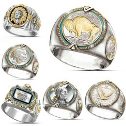 6Pcs/ lotsHip Hop Two-tone Men Band Rings Buffalo Nickel Honouring The American West Ethnic Style Jewellery Mens Ring Size 7-12