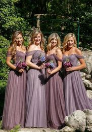 2020 Purple Tulle Pleated Bridesmaids Dresses Cheap Off Shoulder Backless Plus Size Wedding Guest Dress Maid Of Honour Party Evening Formal