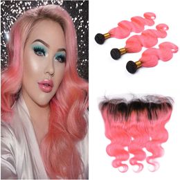 1B Pink Dark Root Ombre Human Hair Weave With 13x4 Lace Frontal Closure 4Pcs Lot Two Tone Black and Pink Ombre Hair