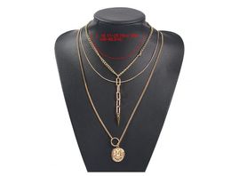 Popular fashion luxury designer multi layer metal chain geometric circular pendant choker long sweater statement necklace for woman