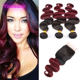 Indian Virgin Hair Two Tone 1B/99J Body Wave 4 Pieces/lot Bundles With 4X4 Lace Closure Middle Three Free Part