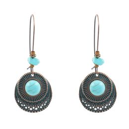 Retro Indian Tribal Brass Dangle Earrings Women Round Big Stone Long Drop Earrings For Women Vintage Jewelry