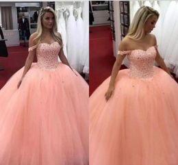 New Sexy Bling Pink Quinceanera Ball Gown Dresses Off Shoulder Crystal Beaded Tulle Backless Sweet 16 Puffy Cheap Party Prom Evening Gowns