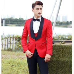 New High Quality One Button Red Paisley Wedding Groom Tuxedos Shawl Lapel Groomsmen Mens Dinner Prom Suits (Jacket+Pants+Vest+Tie) 533