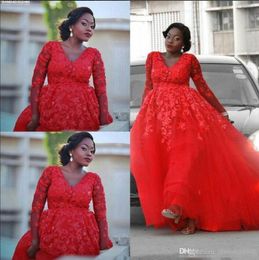 Nigerian Sexy African Plus Size Red Prom Long Sleeves V Neck Lace Appliques Evening Dresses Tulle Floor Length Formal Party Gown