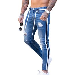Laamei Trendy Men Skinny Jeans Biker Destroyed Frayed Fit Denim Ripped Denim Pants Side Stripe Pencil Pants Hip Hop Streetwear