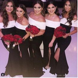 Black And White Off Shoulder Mermaid Bridesmaid Dresses Side Split Maid Of Honour Gowns Plus Size Wedding Guest Formal Dress Cheap Custom