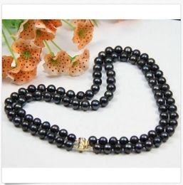 Double strands 9-10mm natural south sea black pearl necklace 18" 14K GOLD CLASP
