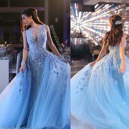 Dubai Arabic Sky Blue 3D Floral Evening Dresses Sheer Neck Handmade Flower Party Evening Wear Ziad Nakad Formal Dress Evening Gowns Wear