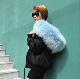 Nylon bomber jackets Meifeng light blue raccoon fur trim female snow coat light blue rabbit fur lined black bomber mini parka