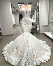 Mermaid Dresses Gorgeous Spaghetti Strap Full Lace Beads Wedding Dress Elegant Plus Size Bridal Gowns