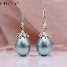 Pataya New Oval Shell Pearls Long Earrings 585 Rose Gold Square Natural Zircon Women Luxury Fine Wedding Party Fashion Jewelry C19041101