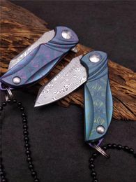 Speical Offer Damascus Mini Small EDC Pocket Folding Knife Necklack Chain knife TC4 Titanium Alloy Handle With Gift Box Package