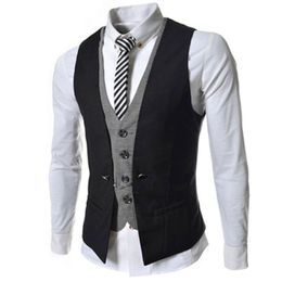 New Arrival Men Vest Spring Autumn Fashion Fake Two-Pieces Suit Vest Brand Black White Red Hit Colour Waistcoat Men