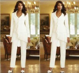 white chiffon mother of the bride pant suits v neck long sleeves front ruffles cheap groom mother gowns plus size mother bride dre3015