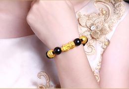 Vietnam Imitation Gold 3D Pixiu Charm Black Obsidian Beads Bracelet Chinese Feng Shui Animal Men Women Jewellery