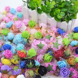 300Pcs 2cm Mini PE Foam Rose Artificial Silk Flower Heads With Leaves Handmade Bouquet DIY Wreath Supplies Wedding Party Decor