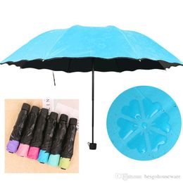 Short Handle Anti-UV Three Folding Umbrella Water Flowering Bloom Sunny Rainy Umbrellas Black Coating Windproof Solid BC BH0866