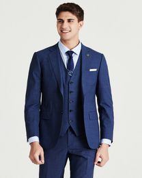 Blue Groom Tuxedos Peak Lapel Groomsman Wedding Three Piece Suit Fashion Men Business Prom Party Jacket Blazer(Jacket+Pants+Vest)