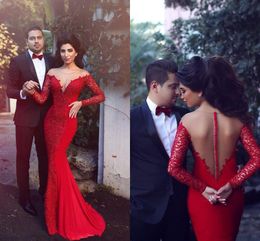 Arabic Red 2020 New Evening Dresses Long Sleeves Sexy Lace Mermaid Party Prom Gowns Sheer Neck Covered Button Back Vestidos de fiesta