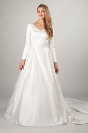 2019 A-line Simple Satin Modest Wedding Dress With Long Sleeves V Neck Buttons Back LDS Bridal Gowns Country Western Bride's Dress