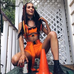 Simenual Streetwear Buckle Sexy Hot Two Piece Sets Women Cut Out Neon Colour Outfits Casual Summer Biker Shorts And Top Sets 2019