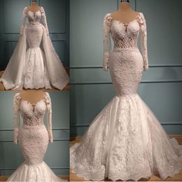 Gorgeous Mermaid Lace Wedding Dresses With Detachable Train Bateau Neck Beaded Long Sleeves Bridal Gowns Plus Size Vestidos De Nnovia