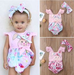Foral Girls Rompers INS Easter Rabbit Printed Baby Jumpsuits Headband 2PCS Sets Baby Girls Clothes Summer Kids Clothing 2 Designs DHW2121