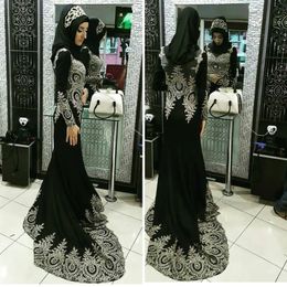 Black Muslim Evening Dresses 2019 Arabic Long Sleeves Lace Appliques Mermaid Formal Gowns Prom Party Wear