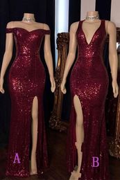 Cheap Sexy Rose Gold Burgundy Sequined Evening Dresses Wear Mermaid V Neck Off Shoulder Side Split Sequins Formal Prom Dresses Party Gowns