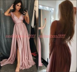 Stunning 2019 Pink Split Prom Dresses V-Neck Sleeveless African Ball Formal Party Black Girl Evening Gowns Guest Wear Robe De Soiree