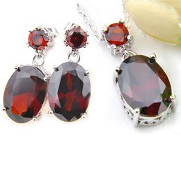 LuckyShine Weddings Party Jewelry Dazzling Red Garnet Gemstone Silver Dangle Stud Earrngs Pendants Sets for Women's