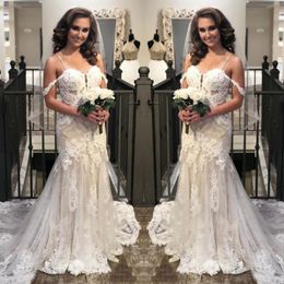 Modern Spaghetti Wedding Dresses 2019 Summer Lace Off Shoulder Mermaid Bridal Dress Tulle Sweep Train Wedding Gowns With Appliques