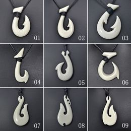 1PC Hawaii Surfer Jewelry Handmade Carved Yak Bone Fish Hook Pendant New Zealand Maori Tribal Choker WoMen's Men's Necklace