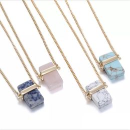 Fashion Rectangle Natural Stone Gold Plated Blue Pink Quartz Turquoise Necklace Long Sweater Necklaces for women Jewellery Gift