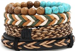 Man's cowhide Leather Bracelet DIY hand woven Beading Multilayer Braid Turquoise Combination suit Bracelet size can be adjusted 4styles/1set