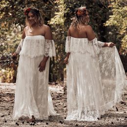 Fashion Bohemian Plus Size Lace Wedding Dresses Off The Shoulder Short Sleeves Beach Bridal Gowns A Line Floor Length Boho Vestido De Novia 407