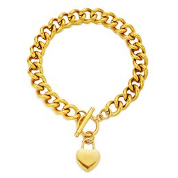 Fashion Gold Silver Color Stainless Steel Chunky Chain OT Buckle Blank Heart Charms Bracelet For Women Jewelry Toggle Heart Pendant Bracelet