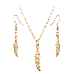Classic Mini Feather Pendant Necklace Gold Silver Colour Stainless Steel Feather Charms Earring For Women Jewellery Set wholesale