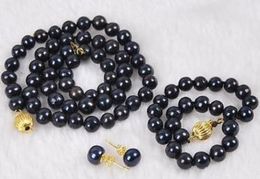 Charming 8-9mm natural south seas black pearl necklace 18 inch 14k gold clasp free bracelet earrings