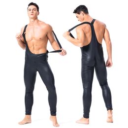 Sexy Erotic Lingerie Gay Men PU Faux Leather Bodysuit Backless Sexy Top Two Way Zipper Open Crotch Leotard Gay Bondage Fetish Tight Jumpsuit