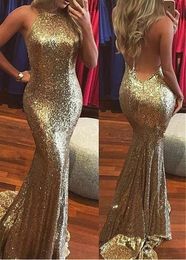 2019 In Stock Rose Gold Mermaid Formal Dress Prom Gowns V Open Back Halter Dresses Evening Wear vestido de novia Pageant Party Gowns