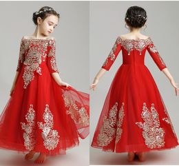 Red And Gold Lace Girls Pageant Dresses Off Shoulder Sleeves Zipper Flower Girl Dress Toddler Prom Evening Gowns Formal Party Bridal