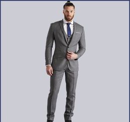2020 Handsome Grey Men Wedding Tuxedos Slim Fit One Button Casual Prom Suits Man Party Blazer Suit (Jacket+Vest+Pants)