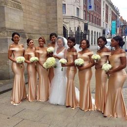 African Off The Shoulder Mermaid Bridesmaids Dresses 2022 New Gold Floor Length Sleeveless Sexy Black Girl Wedding Guest Gowns Prom Dress