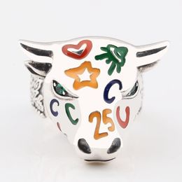 S925 silver god cow ring new retro sterling silver colorful god cow wide version ring men and women hip hop cow head ring