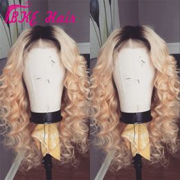 Ombre Honey Blonde Curly Lace front Wig Synthetic Pre plucked 13X4 Lace Front Wigs Glueless Baby Hair For black Women