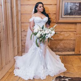 Stunning Mermaid Lace Beaded Wedding Dresses Off The Shoulder Neck 3D Appliqued Bridal Gowns Tulle Trumpet robe de mariée